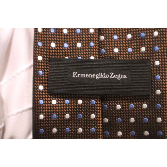 Ermenegildo Zegna Silk Tie Brown Blue Dot Classic Business Italian - Picture 2 of 4